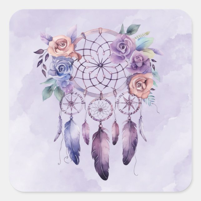 Pegatina Cuadrada Violet Dreamcatcher y Flowers Chica Baby Shower (Anverso)