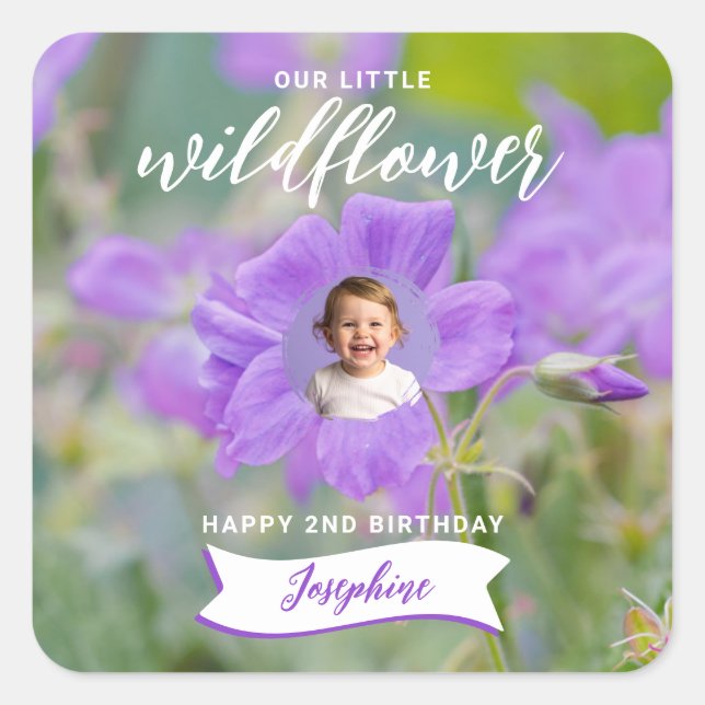 Pegatina Cuadrada Violet Wildflower Custom Photo Happy Birthday (Anverso)
