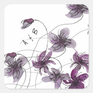 Pegatina Cuadrada Violetas Silvestres Acuarela Pintadas a Mano