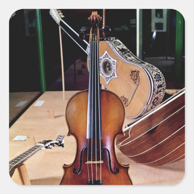 Pegatina Cuadrada Violín, de Stradivari, Cremona, 1699 (foto; (Anverso)