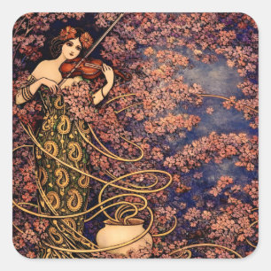Pegatina Cuadrada Violinista Art Nouveau entre Flores – Floral Vinta