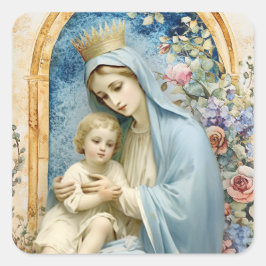 Pegatina Cuadrada Virgen Católica María Bebé Jesús Floral