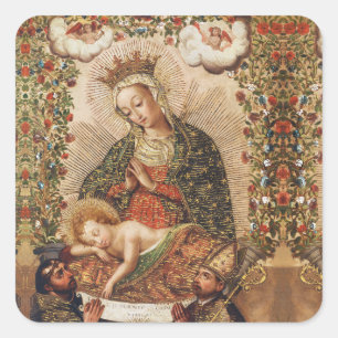 Pegatina Cuadrada Virgen de la Escuela Cuzqueña Antigua Adorando al
