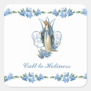 Pegatina Cuadrada Virgen María Católica Floral Religiosa Vintage