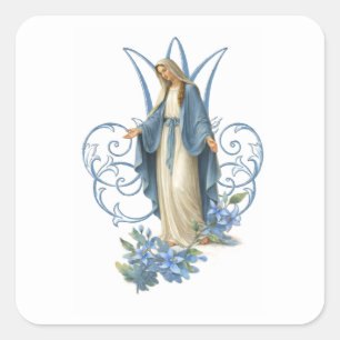 Pegatina Cuadrada Virgen María Católica Floral Religiosa Vintage