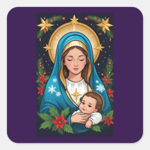 Pegatina Cuadrada Virgen María Católica Romana Navidad Cristiana