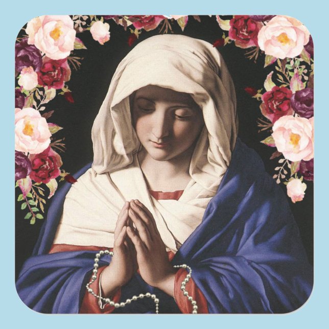 Pegatina Cuadrada Virgen María en Rosas de oración y Rosario (Subido por el creador)