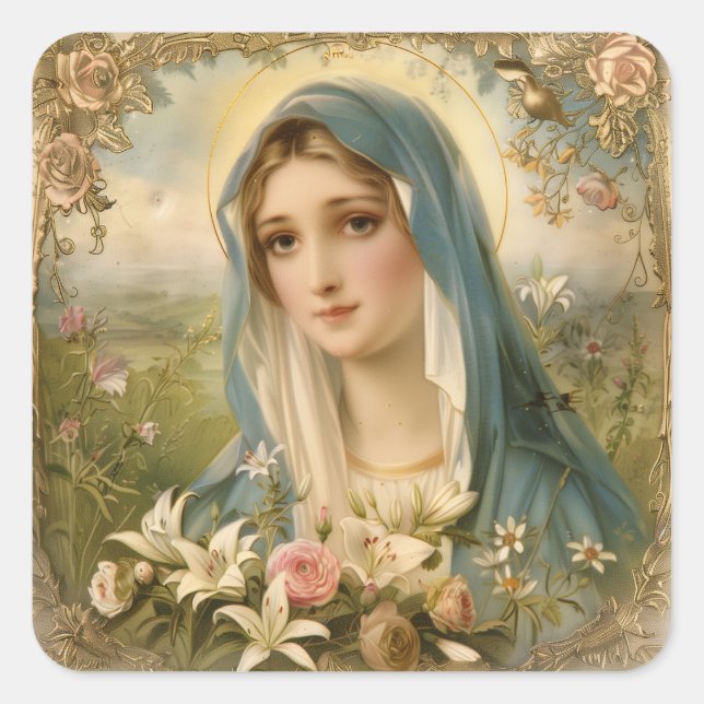 Pegatina Cuadrada Virgen María Floral Vintage Católica (Anverso)