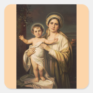 Pegatina Cuadrada Virgen María sosteniendo al niño Jesús