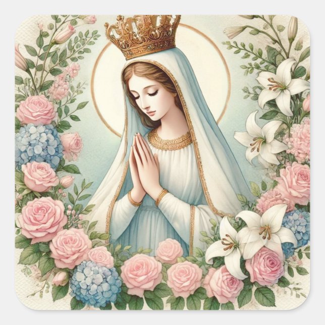 Pegatina Cuadrada Virgen Religiosa María Fátima Rosas Rosadas (Anverso)