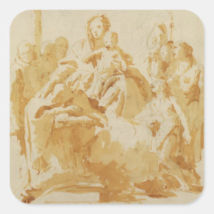 Pegatina Cuadrada Virgen y niño adorados por obispos, monjes y mujer