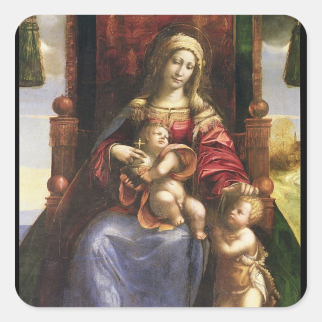 Pegatina Cuadrada Virgen y niño con el bebé San Juan (Anverso)