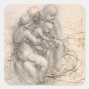 Pegatina Cuadrada Virgin and Child with St. Anne, c.1501-10 (pluma y