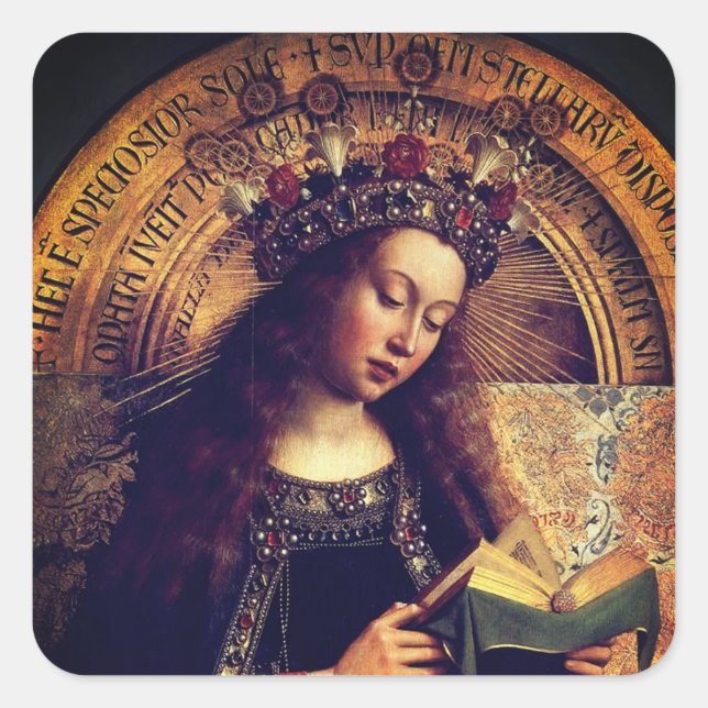 Pegatina Cuadrada Virgin Mary - Ghent Altarpiece por Jan van Eyck (Anverso)