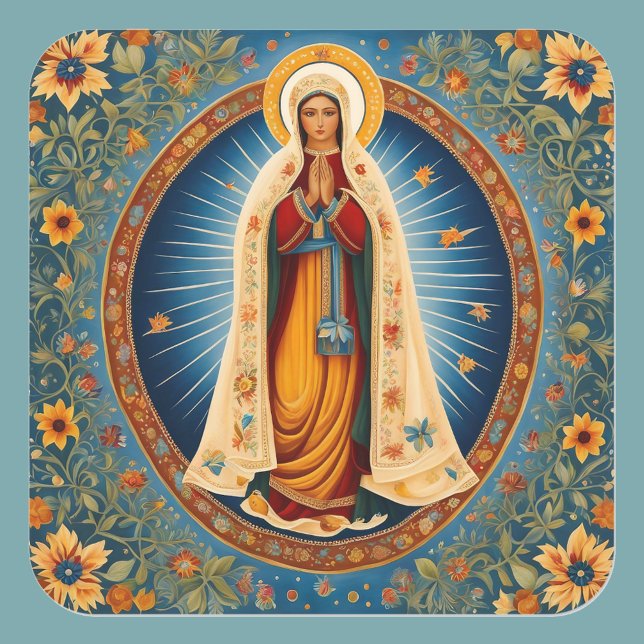 Pegatina Cuadrada Virgin Mary Halo Arte Popular Azul Floral blanca c (Subido por el creador)