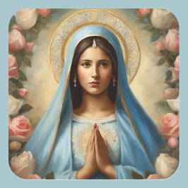 Pegatina Cuadrada Virgin Mary Halo Prayer Adornada con Rosas