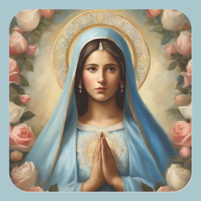 Pegatina Cuadrada Virgin Mary Halo Prayer Adornada con Rosas (Subido por el creador)