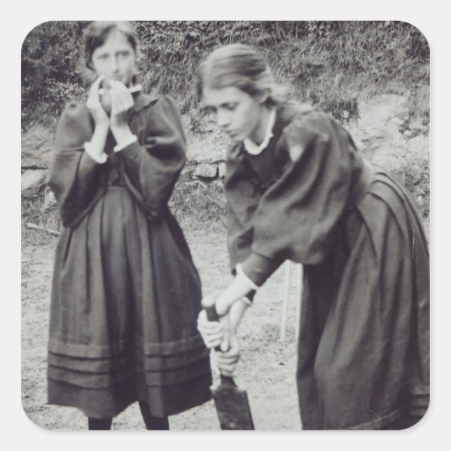 Pegatina Cuadrada Virginia y Vanessa Stephen, en St. Ives, 1894 (Anverso)
