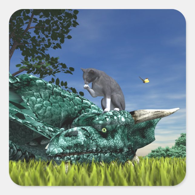 Pegatina Cuadrada Visitante sorpresa - Gato lindo en la cabeza del d (Anverso)