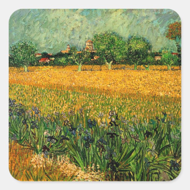 Pegatina Cuadrada Vista de Arles con irlandeses por Vincent van Gogh (Anverso)
