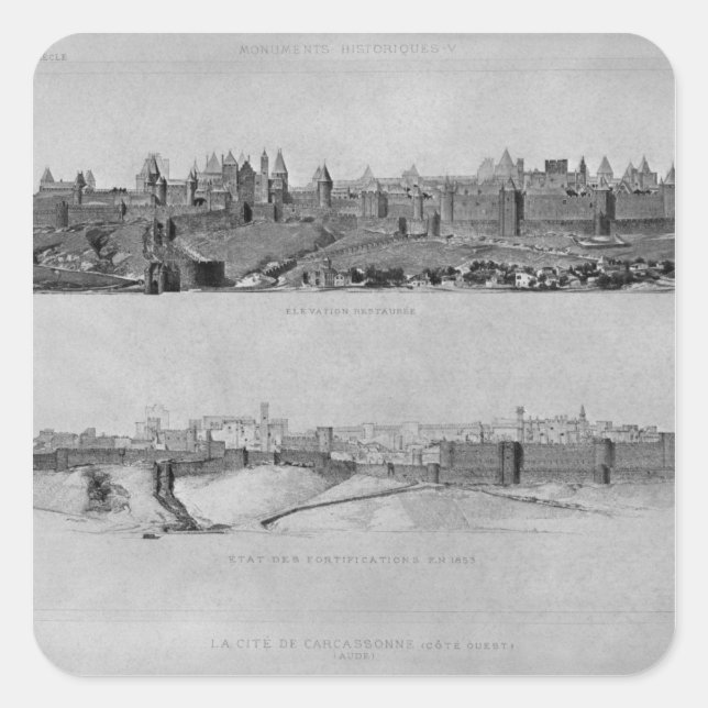 Pegatina Cuadrada Vista de Carcassonne desde el lado oeste (Anverso)