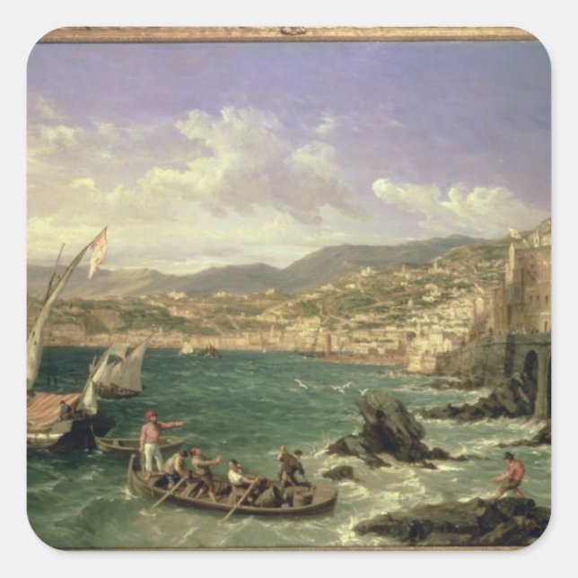 Pegatina Cuadrada Vista de Génova, 1854 (aceite sobre lienzo) (Anverso)