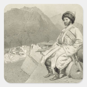 Pegatina Cuadrada Vista de Ghimri y retrato del hadji-Mourad, placa