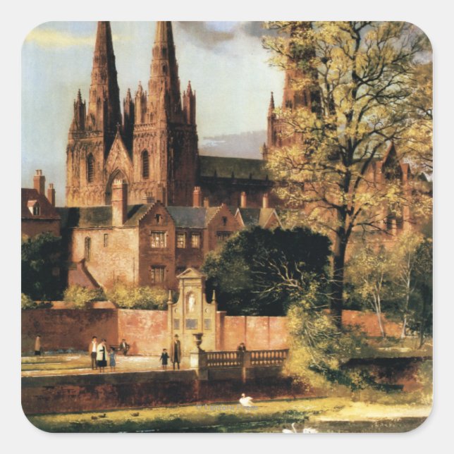 Pegatina Cuadrada Vista de la Catedral de Lichfield (Anverso)