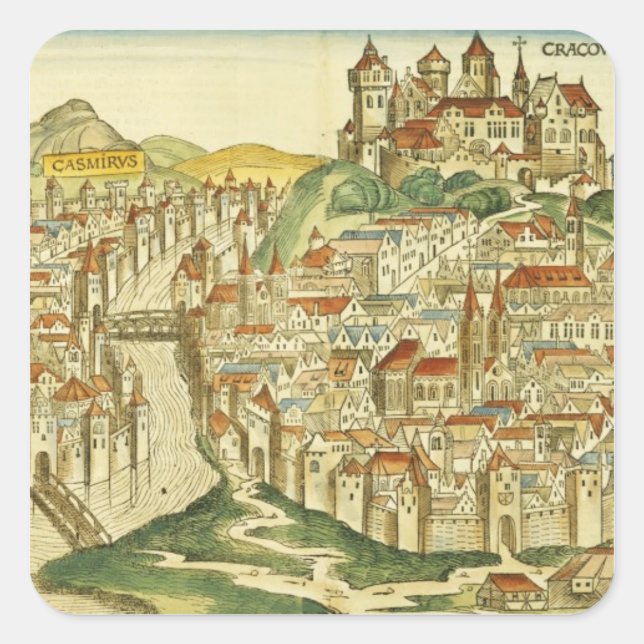 Pegatina Cuadrada Vista de la ciudad de Cracovia (Kracow), desde el  (Anverso)