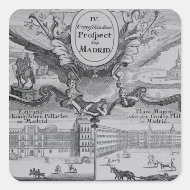 Pegatina Cuadrada Vista de la ciudad de Madrid (Anverso)