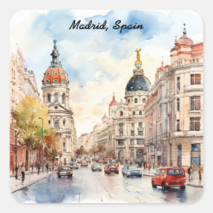 Pegatina Cuadrada Vista de la ciudad de Madrid España Pintura en Acu