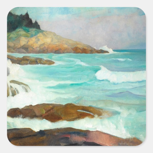 Pegatina Cuadrada Vista de la costa de Maine por Newell Convers Wyet (Anverso)