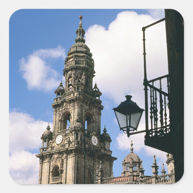 Pegatina Cuadrada Vista de la Torre del Reloj en la esquina de (Anverso)