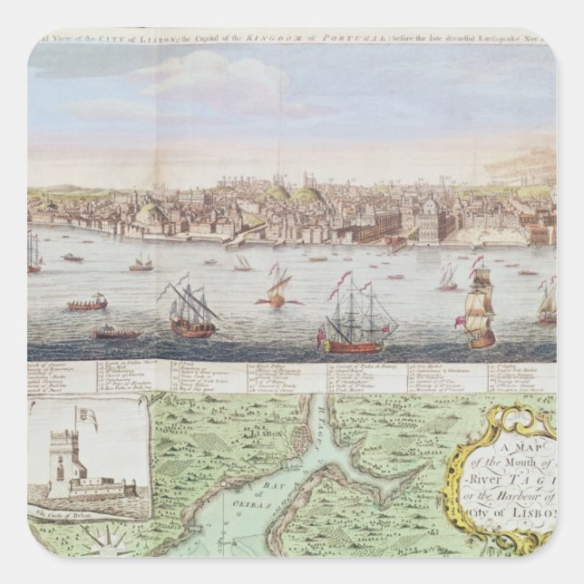 Pegatina Cuadrada Vista de Lisboa, 1755 (Anverso)