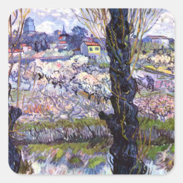Pegatina Cuadrada Vista de los Arles, huertos floridos (1889) Van Go