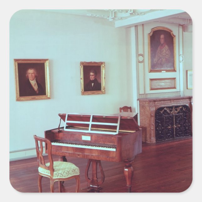 Pegatina Cuadrada Vista de una habitación con piano de cola (Anverso)
