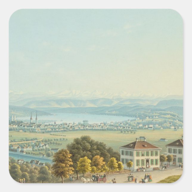Pegatina Cuadrada Vista de Zurich, c.1840 (w/c) (Anverso)