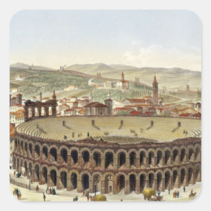 Pegatina Cuadrada Vista del Amphitheatre romano, Verona, b grabado