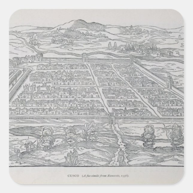 Pegatina Cuadrada Vista del Cusco, desde Ramusio, pub. 1556 (Anverso)