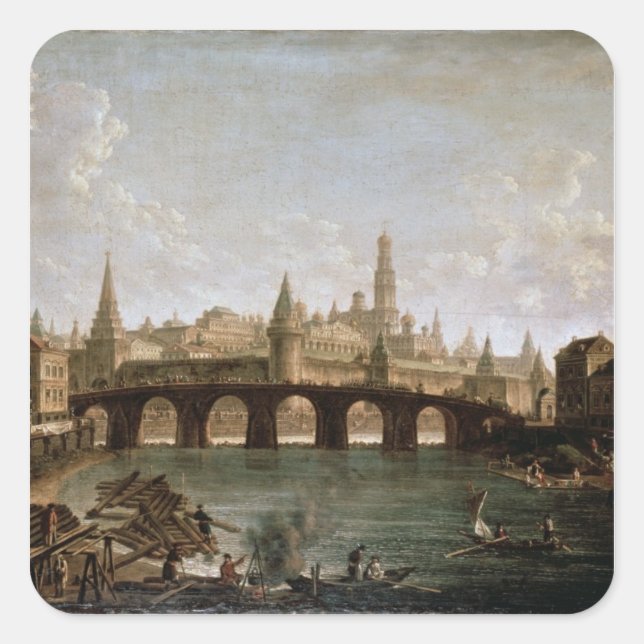 Pegatina Cuadrada Vista del Kremlin y el puente de Kamenny (Anverso)