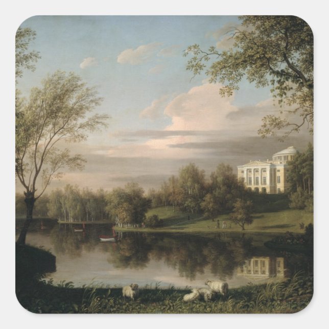 Pegatina Cuadrada Vista del Palacio de Pavlovsk, c.1800 (Anverso)