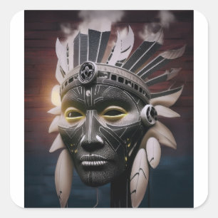 Pegatina Cuadrada Vista Resumen Del Jefe Nativo Estadounidense