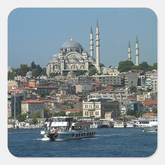 Pegatina Cuadrada Vistas al Sultan Ahmed y Estambul, Turquía (Anverso)