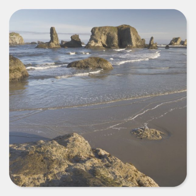 Pegatina Cuadrada Vistas costeras, Bandon, Oregón (Anverso)