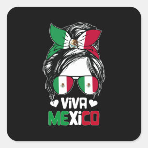 Pegatina Cuadrada Viva México Messy Bun Bandera Mexicana Amante
