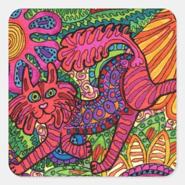 Pegatina Cuadrada Vivid Garden Cat (Anverso)