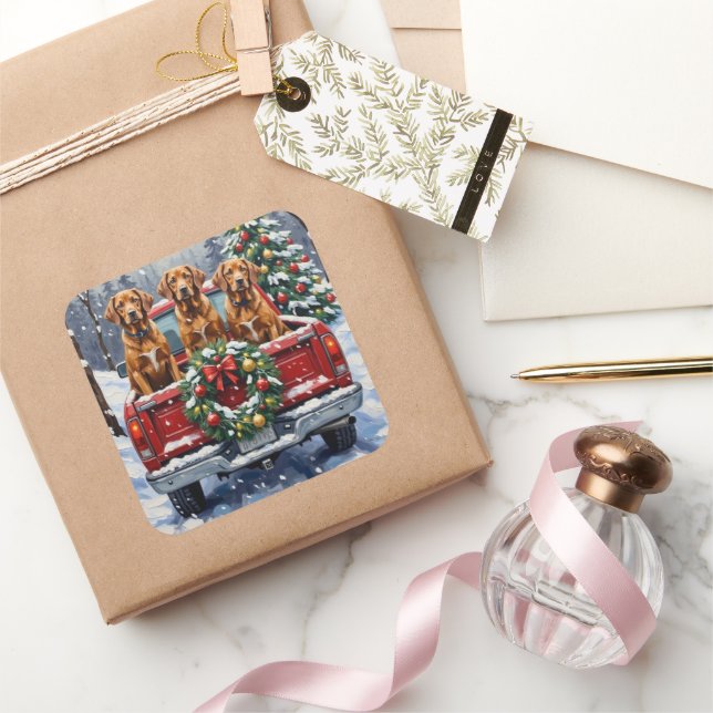 Pegatina Cuadrada Vizsla Christmas Red Truck Holiday (Regalar)