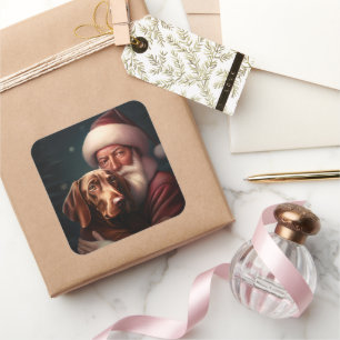 Pegatina Cuadrada Vizsla Con Santa Claus Navideño Festivo