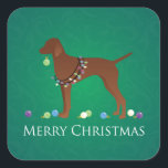 Pegatina Cuadrada Vizsla Dog Merry Christmas Design<br><div class="desc">Silueta de vista lateral de raza de perro de diseño de Navidades de Vizsla. Esta silueta también puede representar: Viszla, Puntero Húngaro, Drotszoru Magyar Vizsla, Hellenic Hound, Hellenikos Ichnilatis, Griego Hound, Plott Hound, Plott Cur, Plotthund, Finlandés Hound, Catahoula Leopard Perg, American Leopard Hound, Dalmatian, Dal, Dally, Firehouse Dog, Plum Pudding...</div>