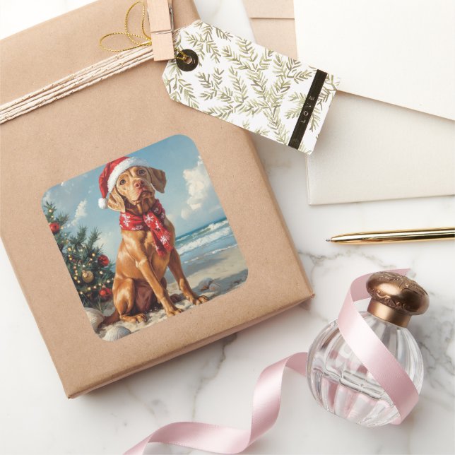 Pegatina Cuadrada Vizsla Dog Navidades Vintage Beach (Regalar)